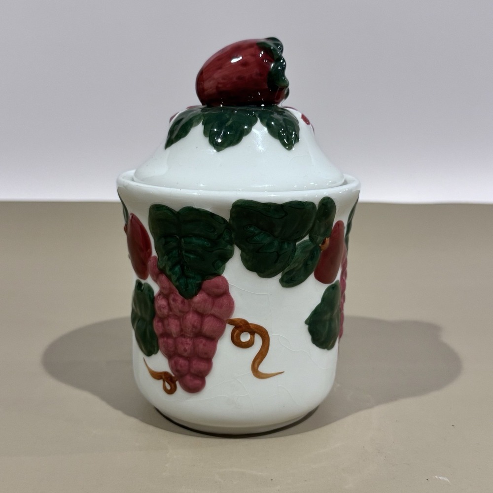 Vintage GHA Small Kitchen Canister W Lid & Seal Grapes‎ Strawberries Pattern